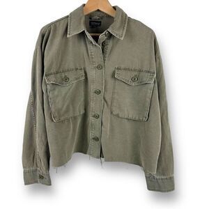 Top Shop Women's 4/6 Frayed Hem Utility Shacket Olive Green Boxy Fall Gorpcore‎